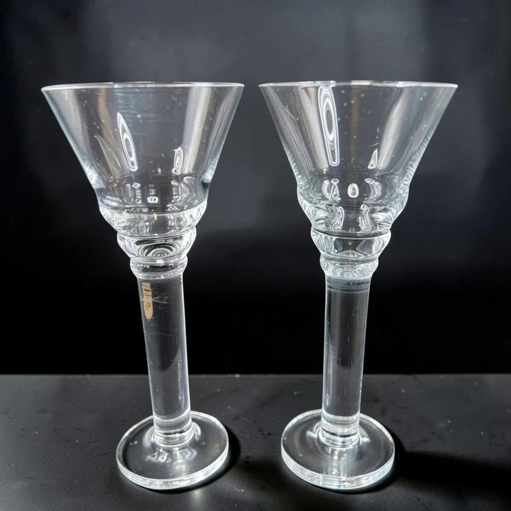 Pier 1 Clear Glass Martini Glasses Tiered Ribbed Straight‎ Stem Set 2 MCM 7.5in